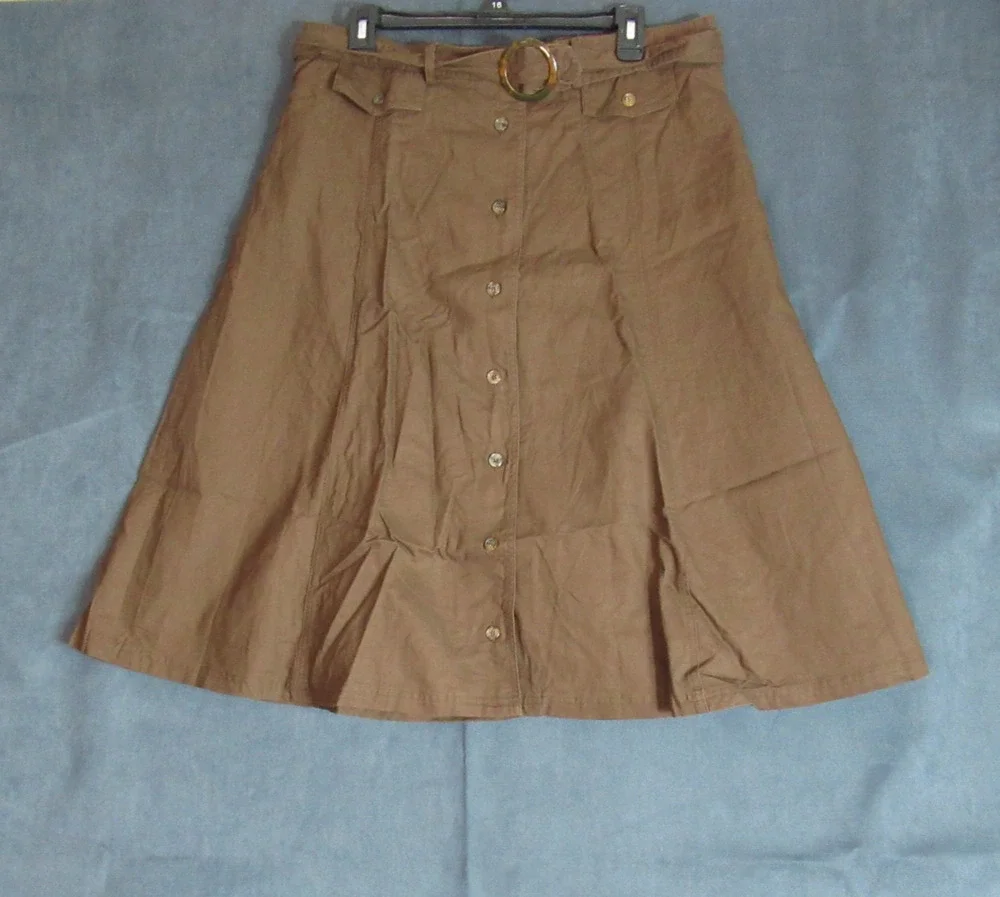 Coldwater Creek Skirt Women PL Brown A Line Button Up Country Cottagecore Belted